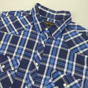 Vtg High Noon Pearl Snap Shirt‎ Mens XLT Tall Blue Plaid Western Short Sleeve